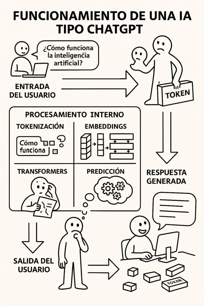 Manual IA estilo IKEA Infografía estilo manual de IKEA que explica el funcionamiento de una IA tipo ChatGPT paso a paso: entrada del usuario, tokenización, embeddings, transformers, predicción y salida de la respuesta.