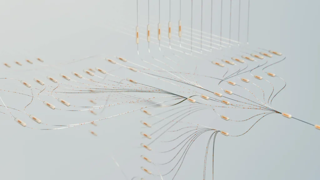 visualización 3D elegante de redes neuronales con conexiones abstractas en un espacio digital