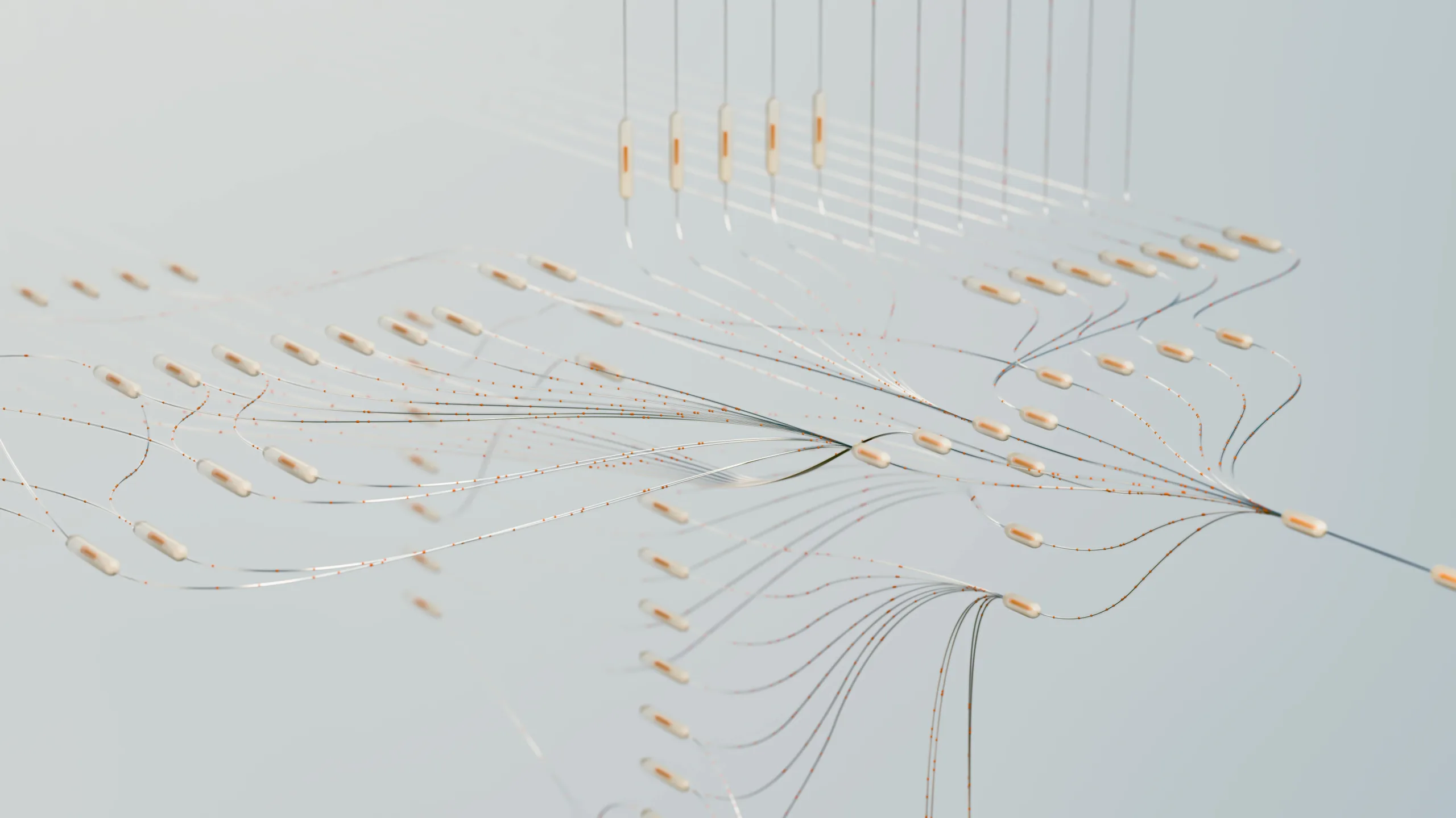 visualización 3D elegante de redes neuronales con conexiones abstractas en un espacio digital