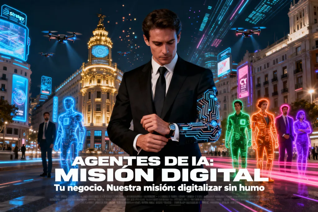 Póster cinematográfico generado con IA: un agente digital con traje y brazo iluminado con circuitos en la Gran Vía de Madrid, acompañado por su equipo de colores neón