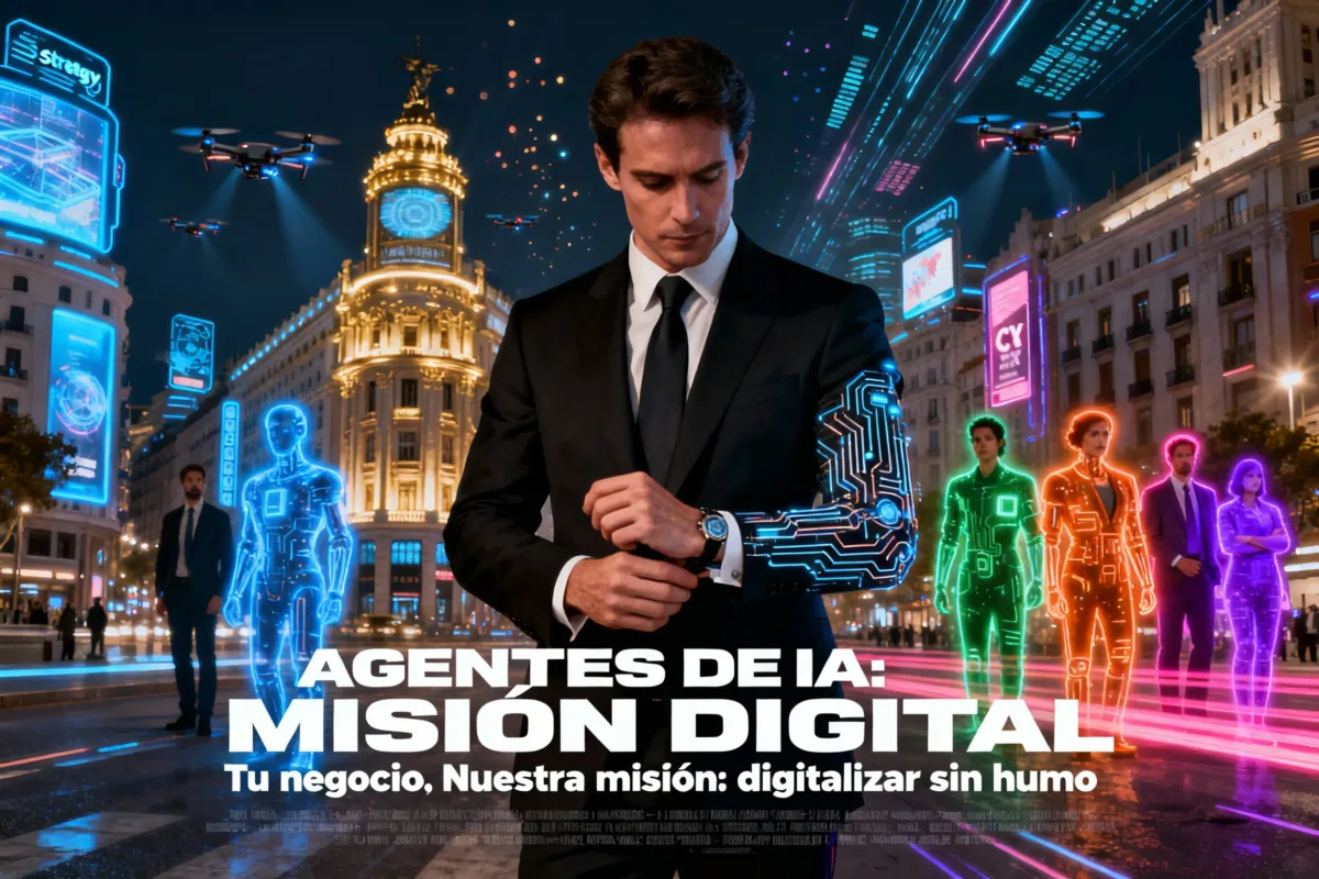 Póster cinematográfico generado con IA: un agente digital con traje y brazo iluminado con circuitos en la Gran Vía de Madrid, acompañado por su equipo de colores neón