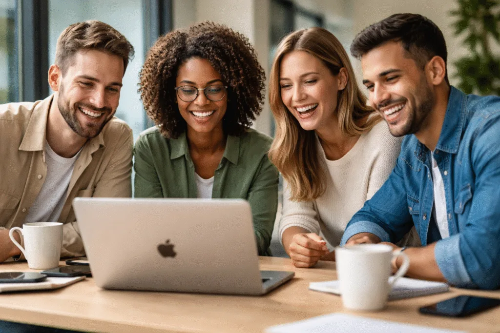 Equipo de trabajo sonriente colaborando frente a un portátil en una oficina moderna, analizando producto digital con inteligencia artificial