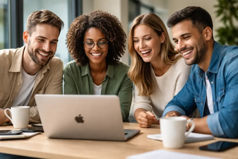 Equipo de trabajo sonriente colaborando frente a un portátil en una oficina moderna, analizando producto digital con inteligencia artificial