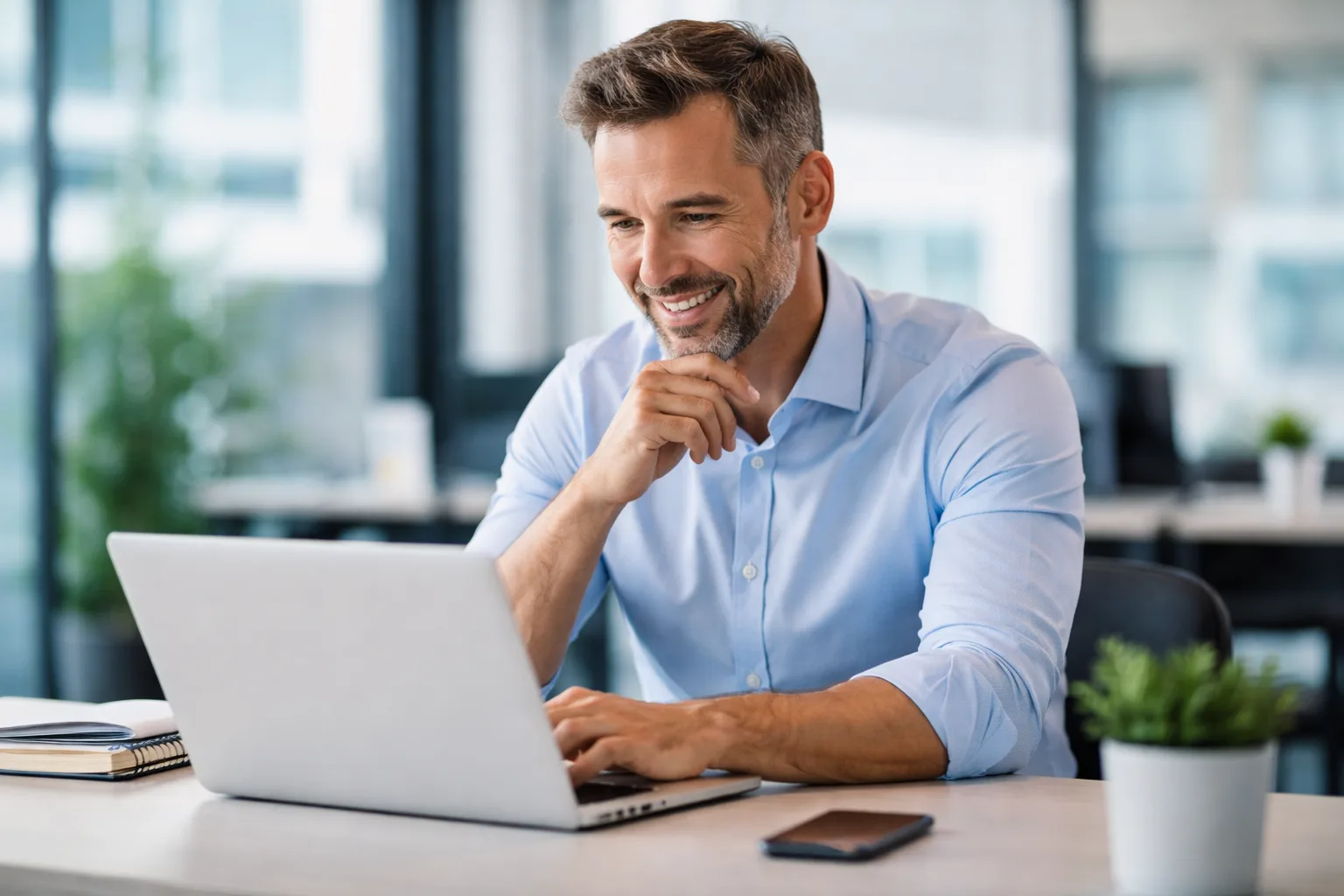 Empresario satisfecho mirando la pantalla de un portátil tras implementar inteligencia artificial en su PYME