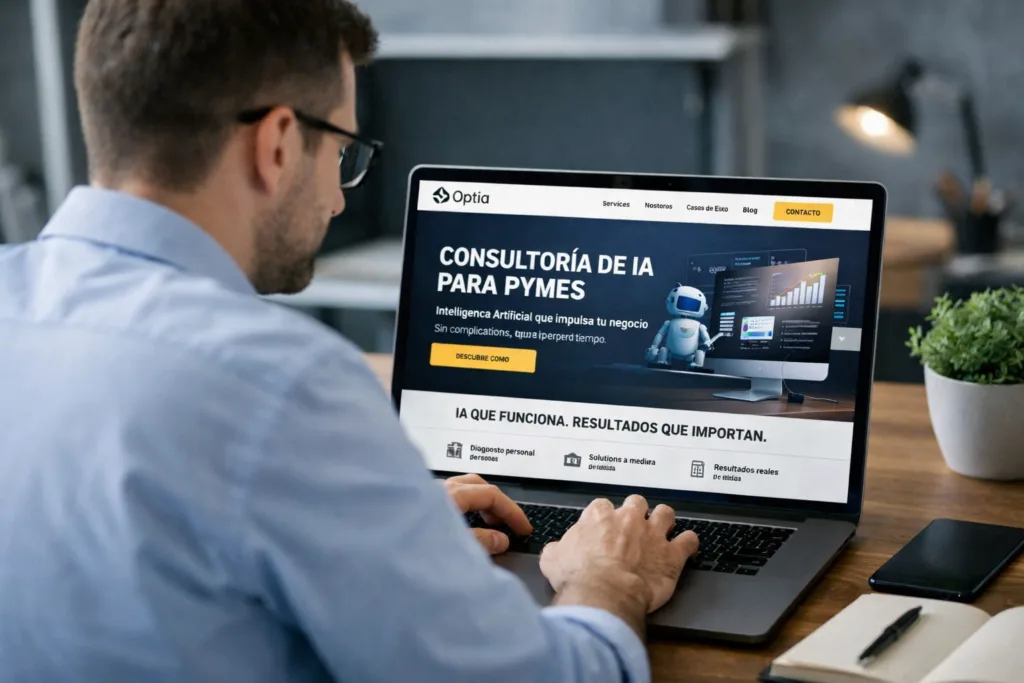 Persona trabajando frente a un ordenador portátil viendo la web de Somos Optia, con enfoque en consultoría digital e inteligencia artificial para PYMEs