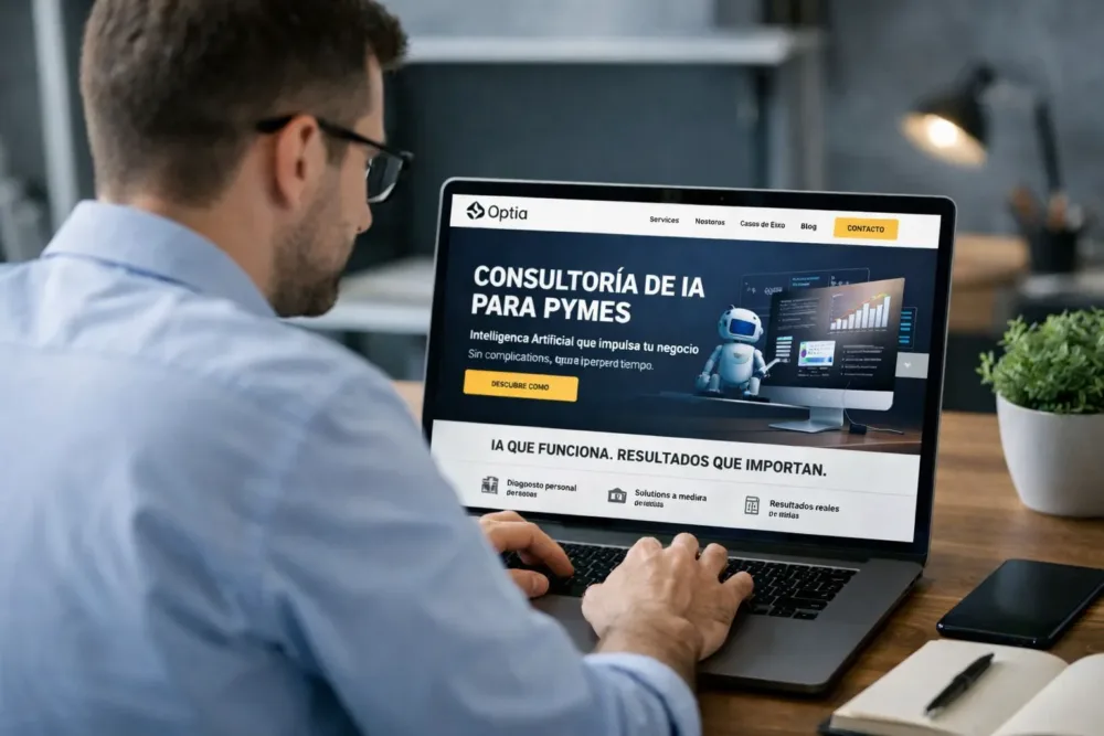 Persona trabajando frente a un ordenador portátil viendo la web de Somos Optia, con enfoque en consultoría digital e inteligencia artificial para PYMEs