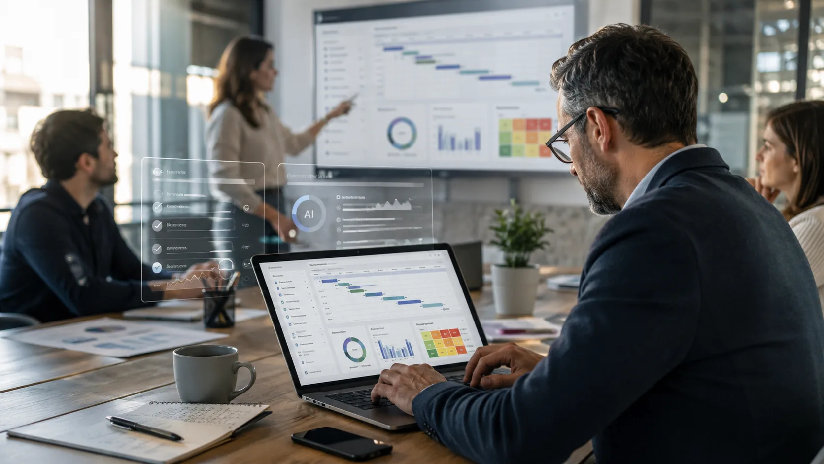 Equipo de PMO usando inteligencia artificial para analizar proyectos, métricas, planificación y riesgos en una oficina moderna.